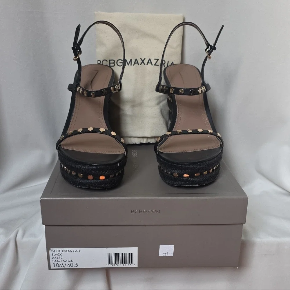 BCBGMAXAZRIA Paige Women's Black Calf Leather Studded Wedge 10M